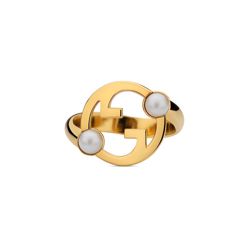 Gucci Hollow Design Fashion Jewelry Metal Crystal Resin Pearl Ring Unisex rings Gold 797405JCF27