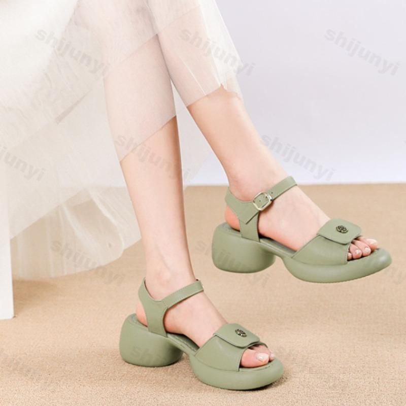 Fashion Retro Soft Flower Sandals for Women 2025 Summer Thick Heels New Elegant Temperament Roman Style Comfortable Open Toes High Heels