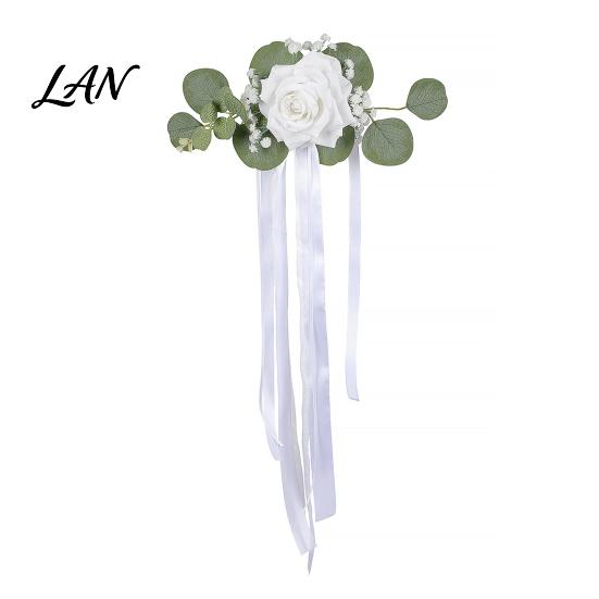 Weather Resistant Car Decor Wedding Door Handle Flower with Ribbon Tie And Green Leaves, White Artificial Photo Prop Rose Rearview Mirror Bouquet for