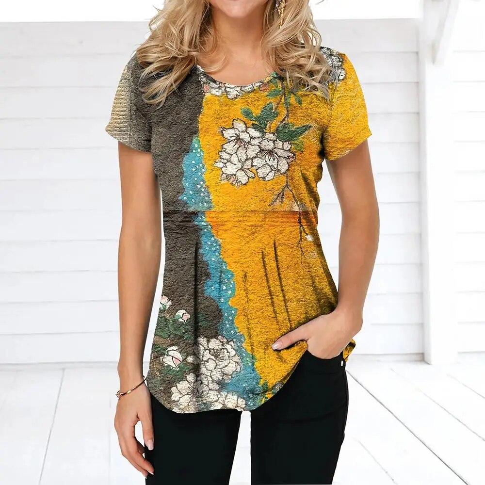 Летняя женская футболка в стиле ретро с цветочным принтом, повседневная повседневная футболка, обычный пуловер для женщин, женская одежда с коротким рукавом и круглым вырезом
