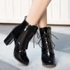 Fashion Women's Boots Ankle New Bohemian Patent Leather Front Tie Ankle Boot 7CM Square Heel Zipper with Lace Ties Women Shoes