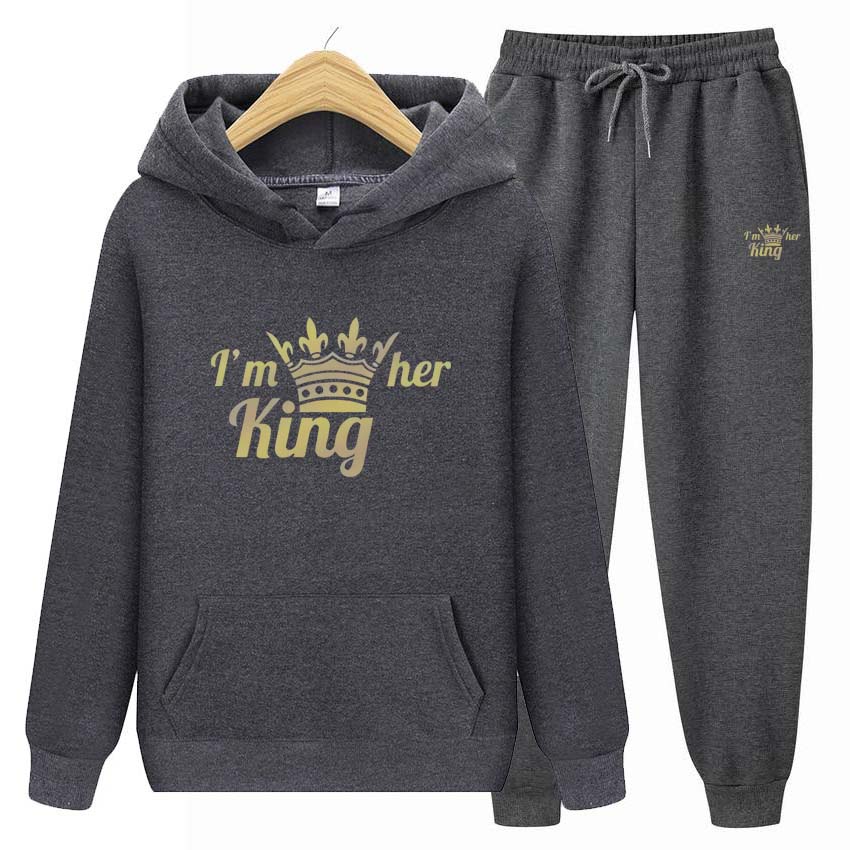 Spring Set Men Autumn Tracksuits Im Her King Print Sweatshirt Long Sleeve Hooded Pullover Sweatshirt Top Jacket Coat