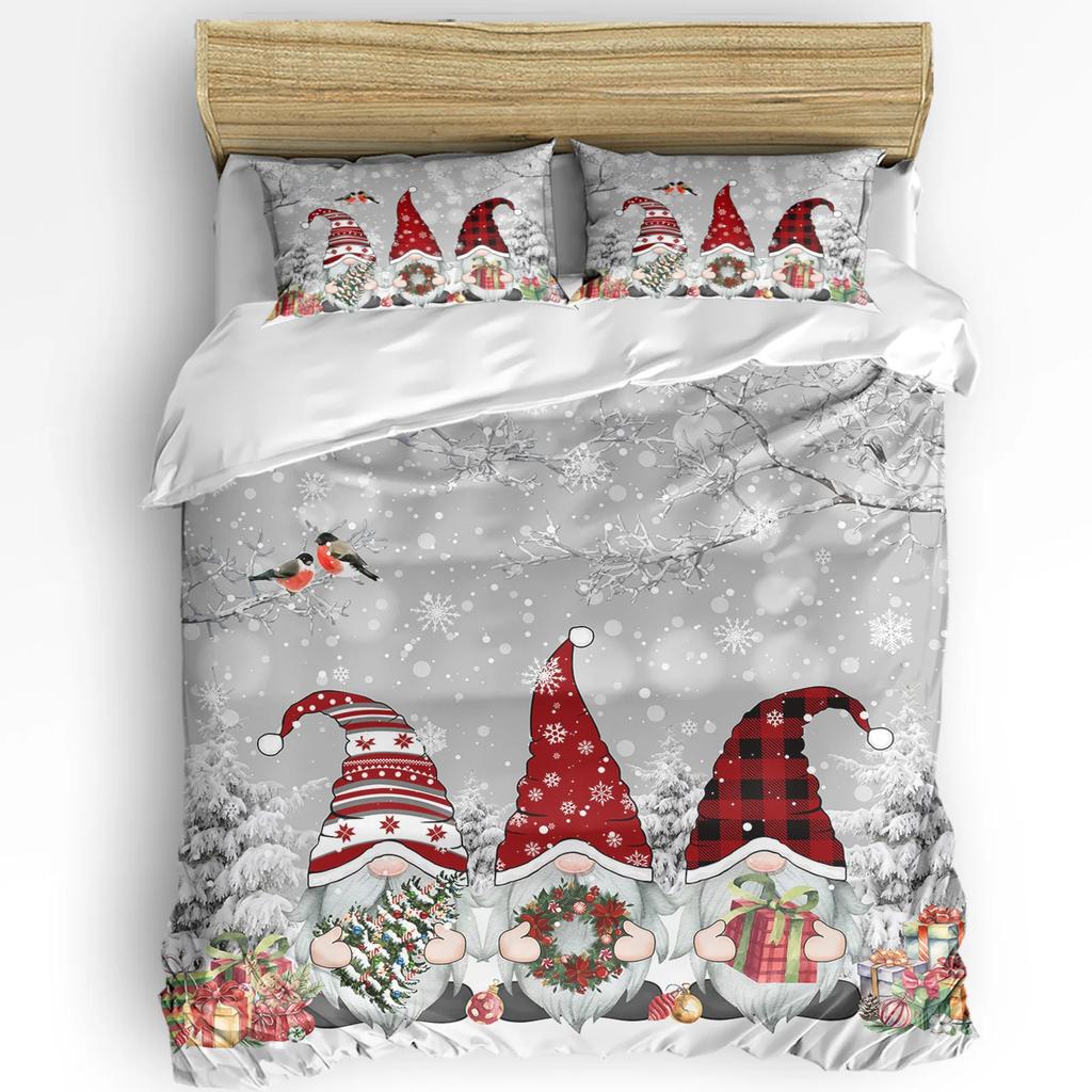 Christmas Snow Scene Snowflakes Gnome 3pcs Bedding Set For Double Bed Home Textile Duvet Cover Quilt Cover Pillowcase