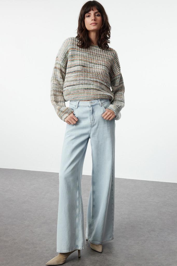 Women's Elegance Style Sweater Mint Soft Textured Crop Wide Fit Knitwear Sweater