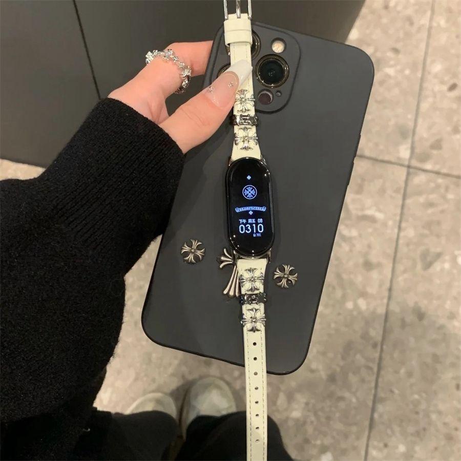 Ремешок из кожи с крестообразным металлическим ремешком для Xiaomi Band 9 - креативный кожаный ремешок в стиле ретро-панк для XIAOMI Mi Band 9/8/7/6/5/4/3/NFC/Mi Band 8pro/Redmi Watch4&5