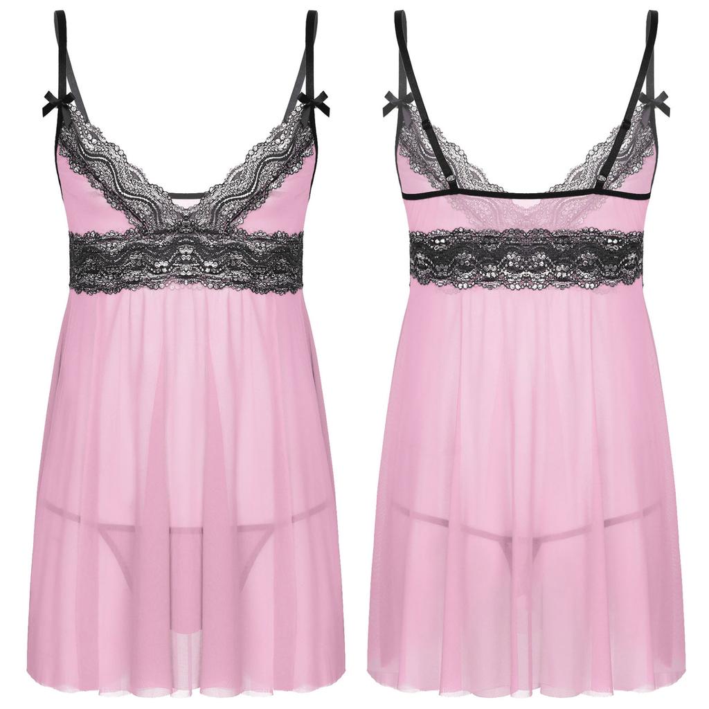 Мужское прозрачное кружевное белье Sissy, регулируемые бретельки, сорочка с глубоким V-образным вырезом, одежда для сна Babydoll