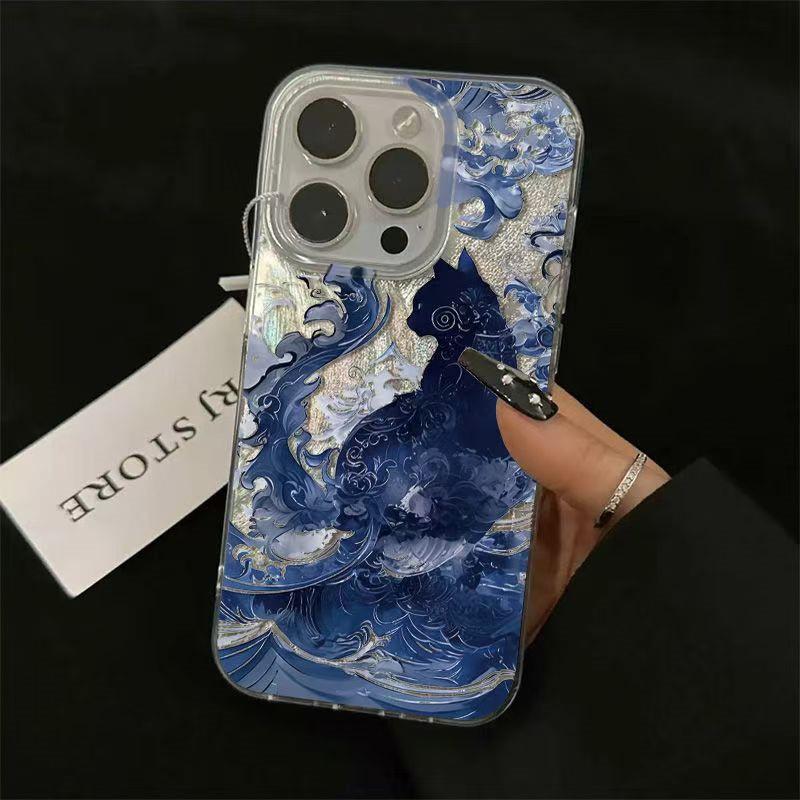 Синий Чехол для Телефона с Дизайном Кота-Тотем для IPhone 16 15 17 Air Pro Max 14 13 12 11 7 8 Plus 16e Задняя Крышка с Текстурой Перьевого Шифона