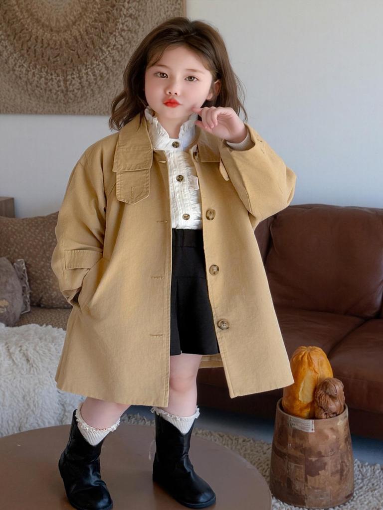 Повседневный тренч средней длины для девочек - Весенне-осенний корейский стиль с воротником с лацканами однотонный