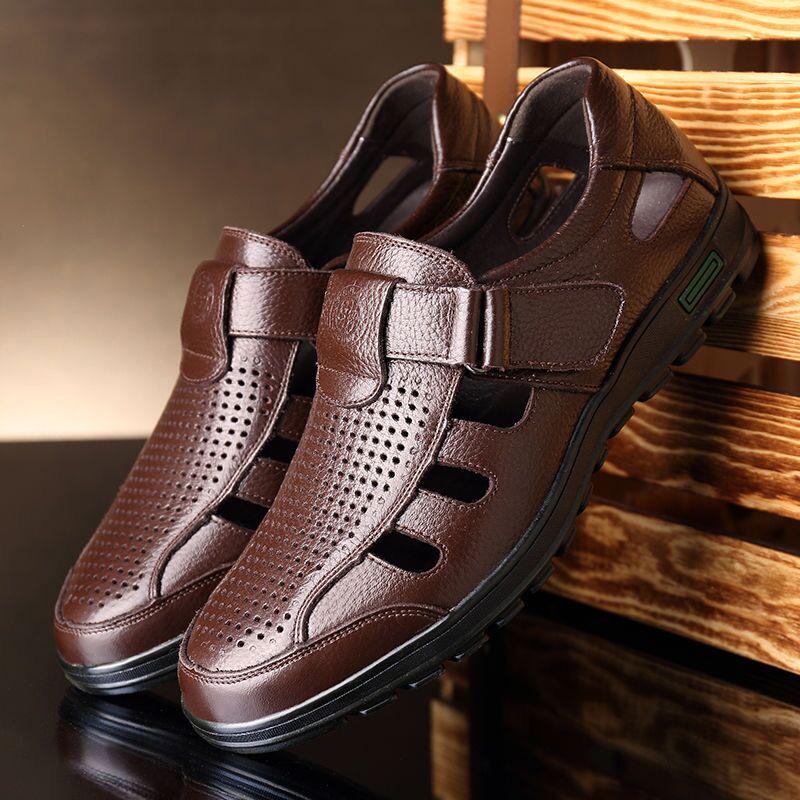 Мужские кожаные сандалии для вождения на мягкой подошве - деловой кэжуал, полый дизайн для среднего и пожилого возраста