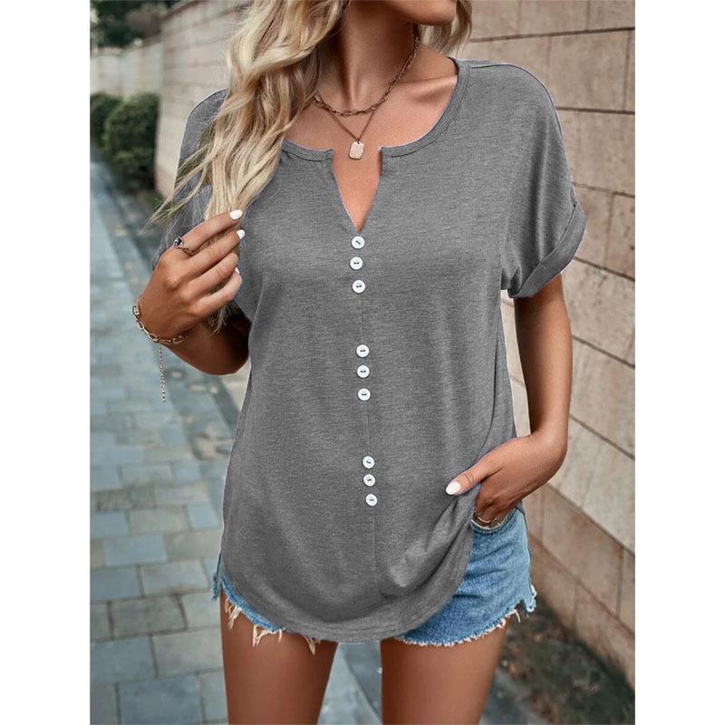 Summer Women's T-shirt V-neck Button Short Sleeve Top