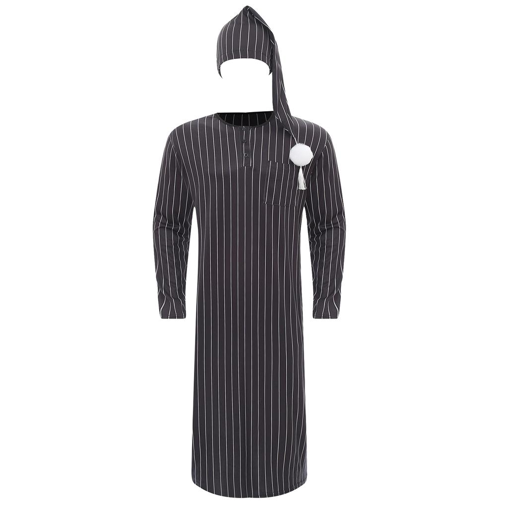 Mens Sissy Nightwear Striped Sleep Robe with Hat Long Sleeve Long Robe And Pompom Adjustable Sleep Hat Arabian Muslim Pajamas