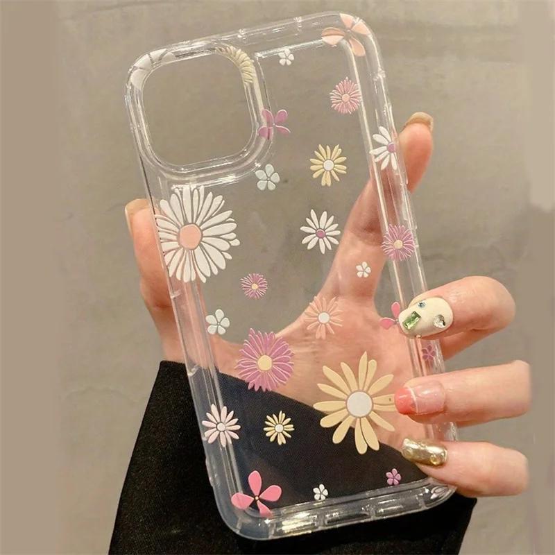 Cute Cherry & Daisy Phone Case For iPhone 16 15 14 13 12 11 Pro Max X XR 7 8 Plus Transparent Silicone Shockproof Case Cover