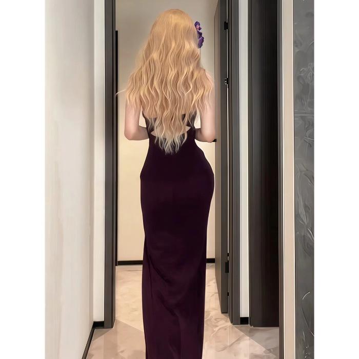 Instahot фиолетовая цепочка с бриллиантами на шею платье с V-образным вырезом платье женское красивое высококлассное с разрезом открытая спина платье