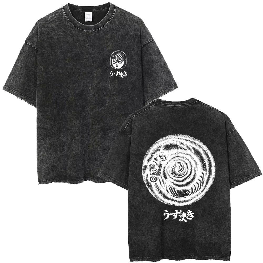 Washed Vintage Anime Junji Ito Spirale Uzumaki Kirie Goshima T-shirt Men Women Horror Manga Oversized T Shirts Y2k Streetwear