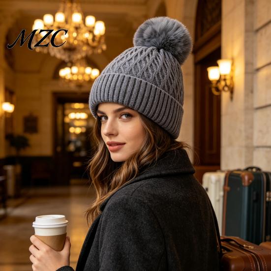 Soft Elastic Beanies for Daily Wear Winter Cable Knit Hat, Women Fleece Lined Hat with Pompom, Knitted Pompom Cozy Stretchy Skull Cap Outdoor Cycling