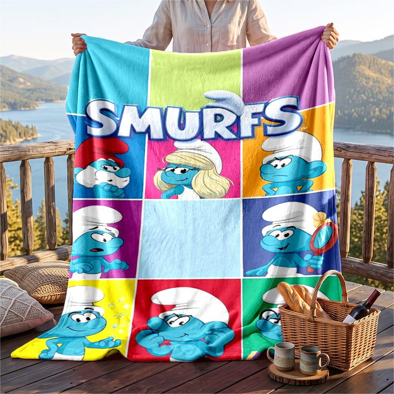 Warm Flannel Blanket Smurfs cute Pattern, Lightweight Comfortable Throw Blanket for Bed Sofa Use