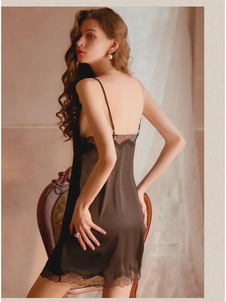 2024 Women's Sexy Ice Silk Lace Nightdress with Stylish Back