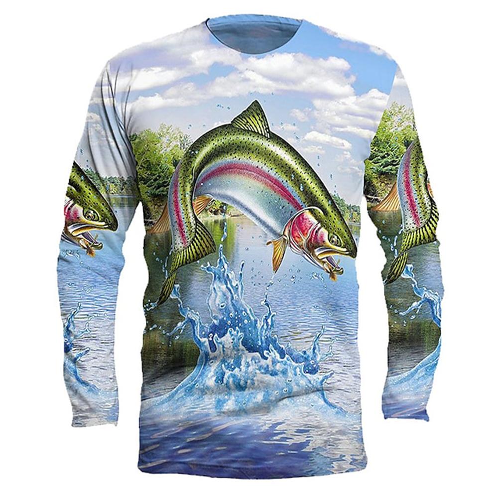 Men's Outdoor Fishing T-shirt Round Neck 3D Printed Long Sleeved Shirts