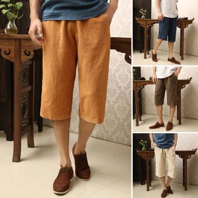 Мужские повседневные брюки 3/4 из хлопка и льна, однотонные шорты с карманами, дышащие, быстросохнущие, спортивные шорты для бега, повседневная одежда для пляжа