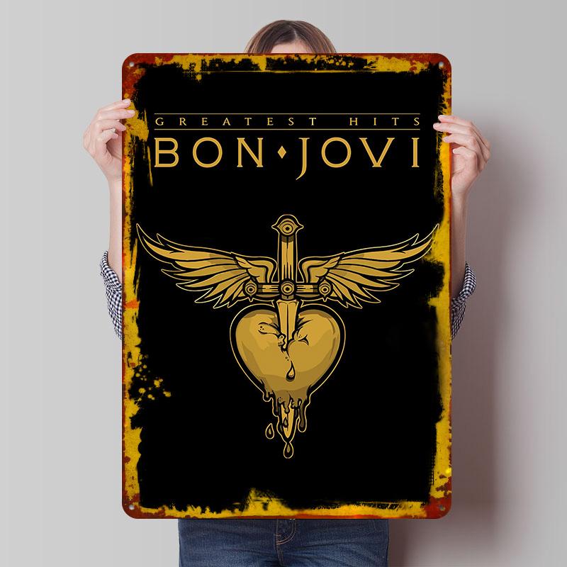 Bon Jovi Greatest Hits Жестяной Плакат Индивидуальное Настенное Искусство Винтажные Ретро Металлические Знаки для Декора Декорации Спальни Мужская Берлога