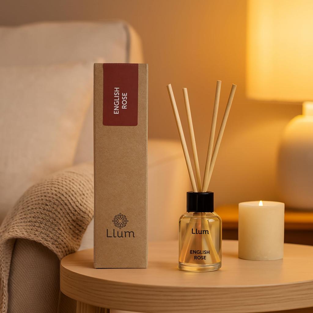 Llum English Rose 30 мл Набор с диффузором и палочками | Премиальный освежитель воздуха для гостиной, ванной комнаты, спальни, офиса | Органический, без токсинов Домашний аромат