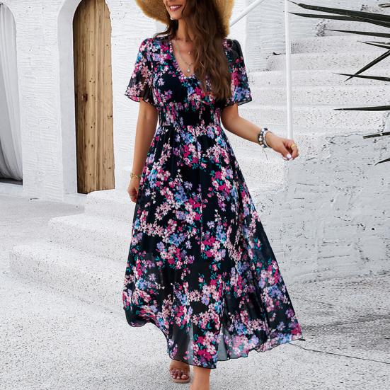 Женское летнее платье макси в стиле бохо с глубоким V-образным вырезом, оборками и короткими рукавами, шифоновый пляжный сарафан, повседневные длинные платья с цветочным принтом