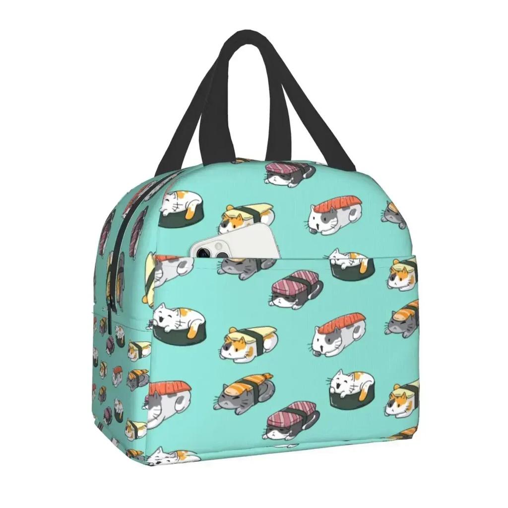 Women's Japanese Anime Sushi Cat Lunch Box & Bento Tote Bag - Cute Anime-Themed Insulated Food Container with Sushi Roll & Cat P