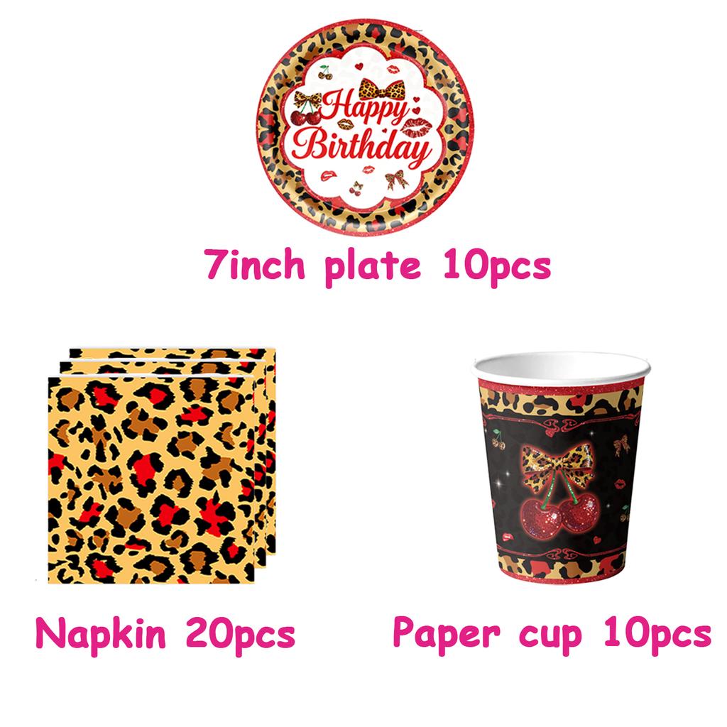 Pink Cherry Leopard Theme Birthday Party Decoration Plate Cup Balloon Banner Sexy Women Girls Shiny Photography Background Gifts
