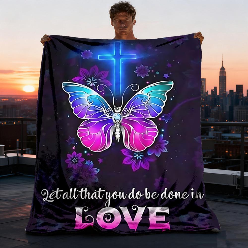 1pc Butterfly Cross Love Throw Blanket Polyester Fiber, Lightweight Flannel, Soft & Warm, All Season Use for Outdoor, Camping Digital Print