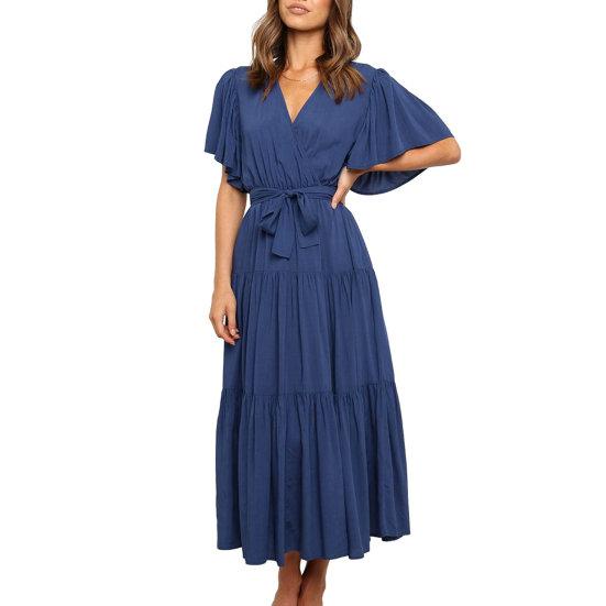 Женское летнее платье миди с v-образным вырезом и короткими рукавами, пояс с высокой талией и рюшами, однотонное платье трапециевидной формы, уличная одежда