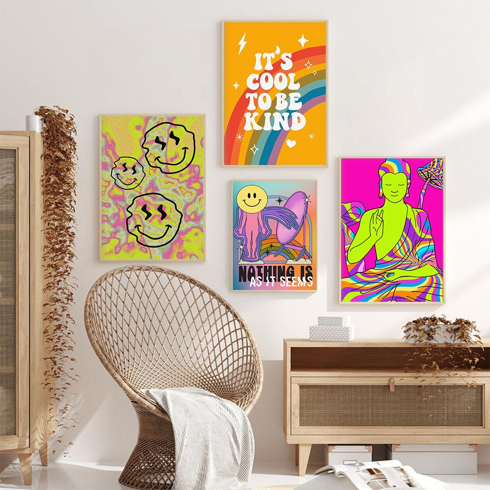 Bohemian Colourful Trippy Spiritual Flower Art Poster Print Retro Fashion Rainbow Smiley Face Canvas Painting Nursery Room Decor
