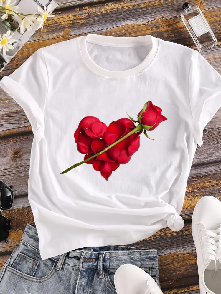 (Азиатский размер) модный love heart цветок футболки Печатная одежда Женская с круглым вырезом С коротким рукавом Женский топ Повседневная футболка Модная женская графическая футболка