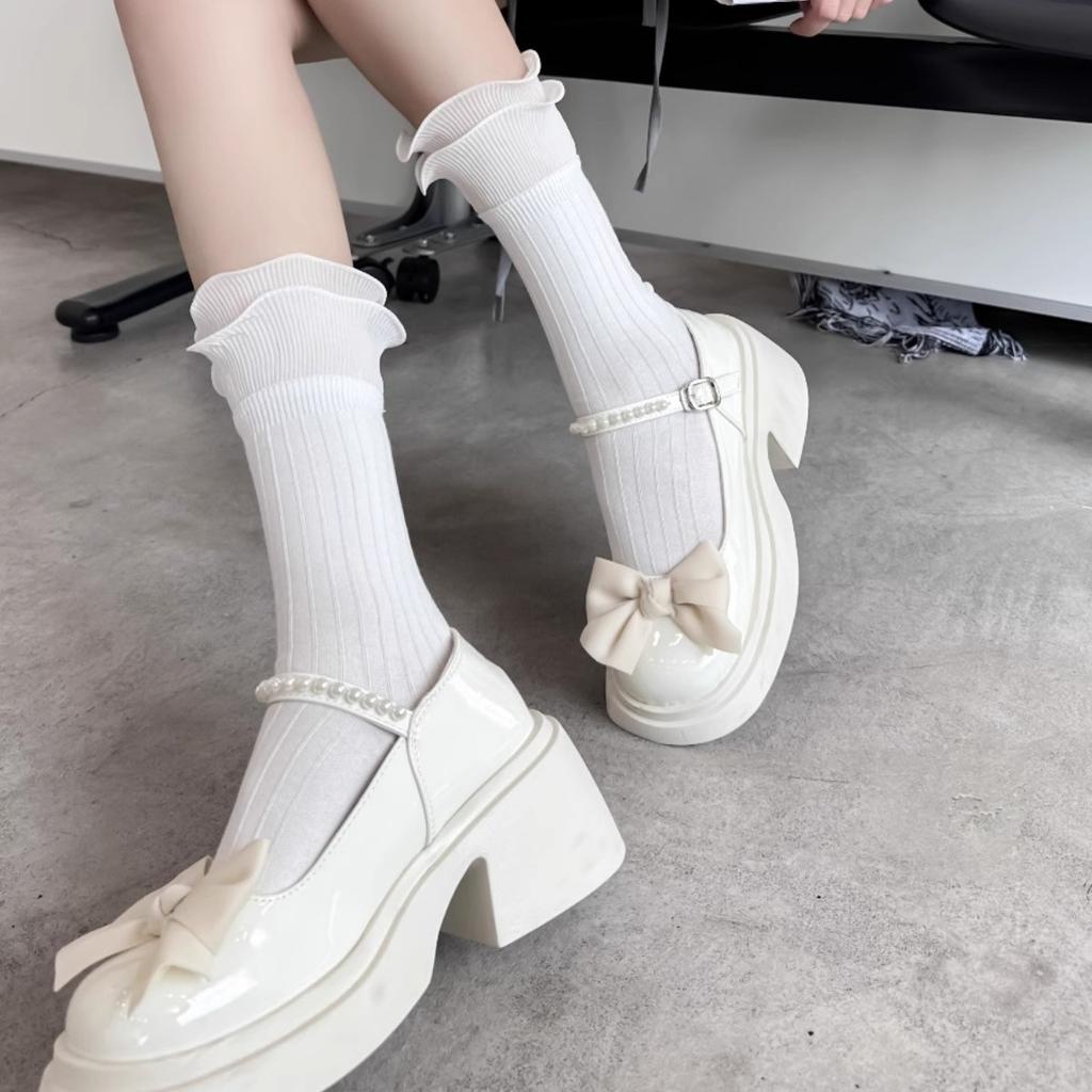 Double-layer ruffled three-dimensional cut mid-tube slouch socks, thin summer black and white solid color vintage socks for women, Japanese style JK