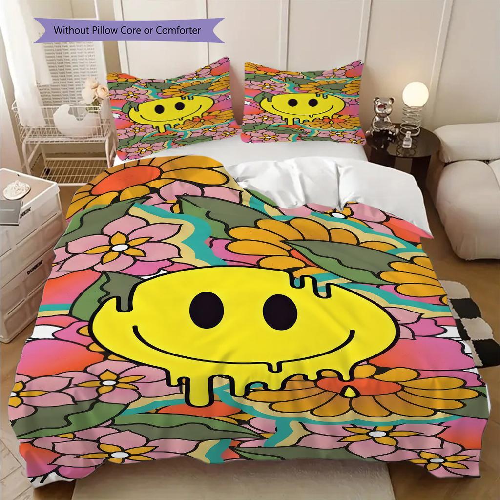 Psychedelic Smiley Face Art Print Threepiece Set 1 Duvet Cover 2 Pillowcase Without Core Soft And Comfortable Bedding Set
