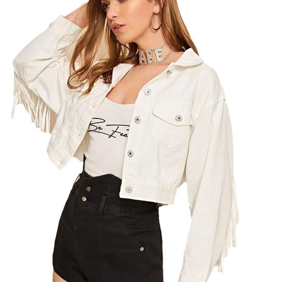 Весна Осень Новинки Женская джинсовая куртка с бахромой Белое пальто