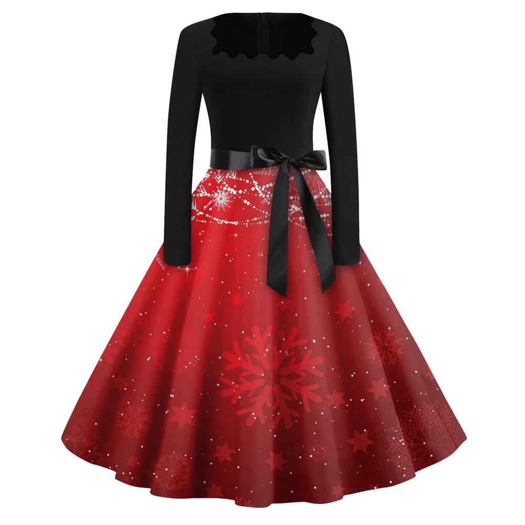Women's Fashion Square Neck Casual Slim Christmas Printed Long Sleeve Dresses