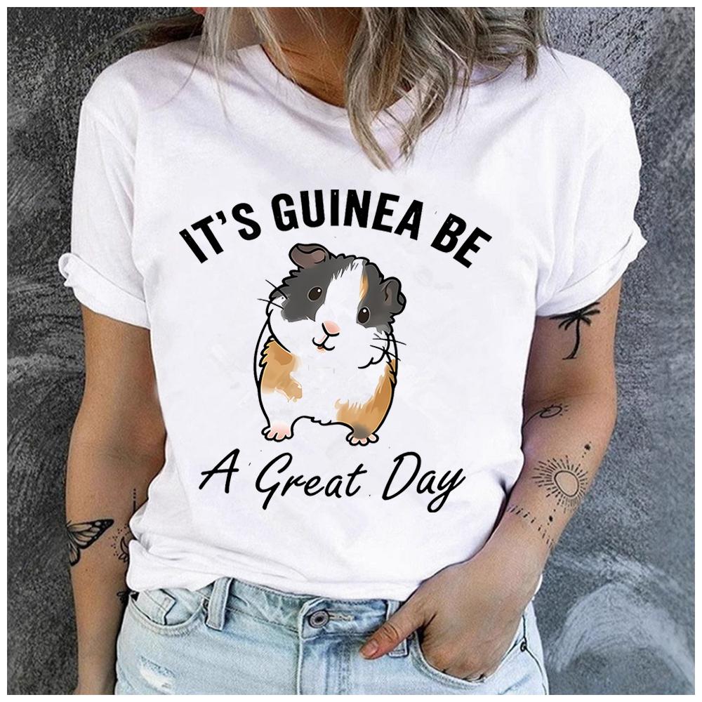 Unisex Soft Cute Three-Colored Guinea Pig Print Polyester Summer Top Loose round Neck Short Sleeve Fashion for Astrology Lovers