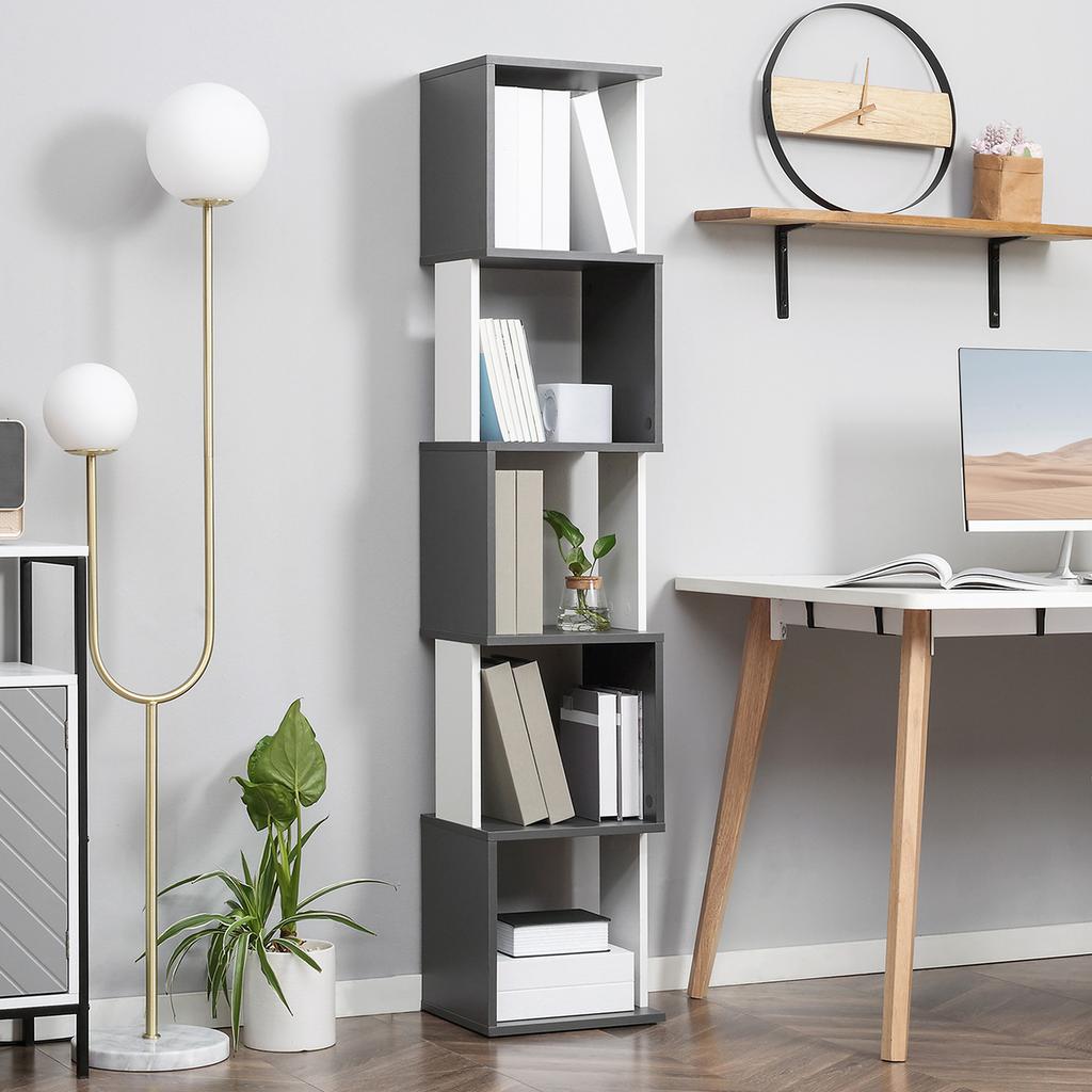 Modern Space-Saving Bookcase with 5 Shelves in Wood, 33x28x161cm, Grey and White