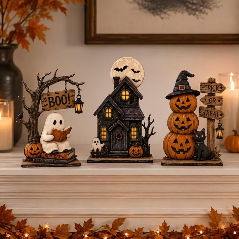 Vintage Halloween Wooden Tabletop Sign Trick or Treat Haunted House Statue Shelf Decor