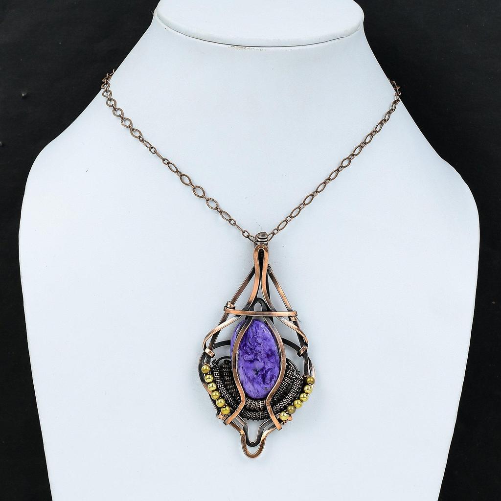 Подвеска из чароита, обернутая медной проволокой, драгоценный камень, подвеска ручной работы, обернутая медной проволокой, стильная подвеска, антикварное ювелирное изделие, подарок для мамы