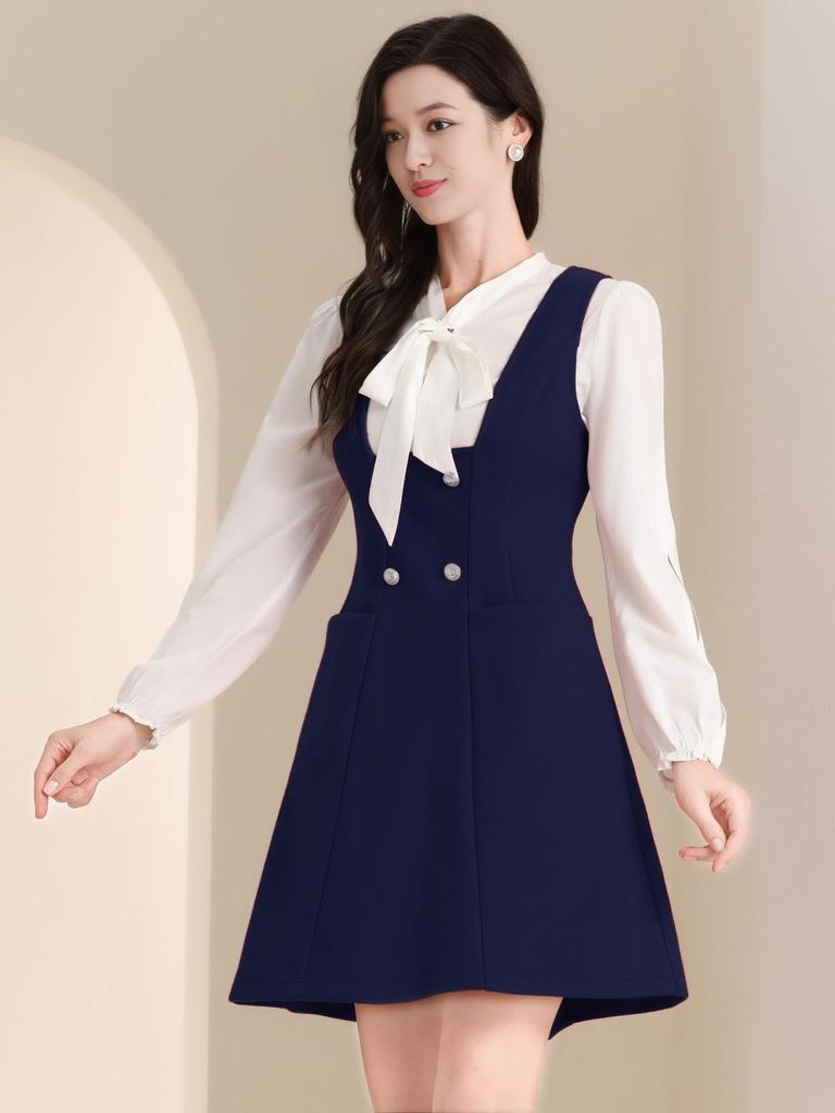 Allegra K Suspender Dress, A-Line Overalls Dress, Double-Breasted, Women's, Deep Blue, XL