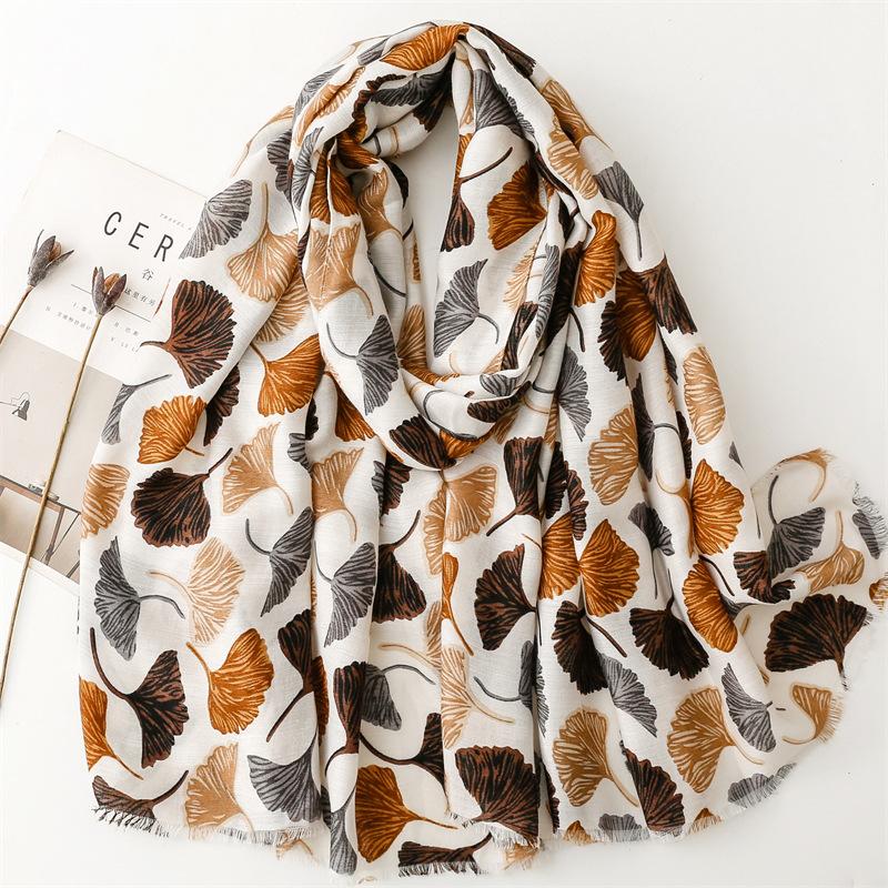 Vibrant Bohemian Ginkgo Biloba Floral Chic Scarf -Fashion Scarves With Multicolor Print, Thin Breathable Cotton Blend, Windproof