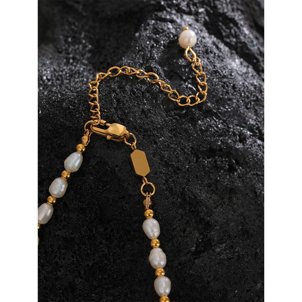 Natural Freshwater Pearls Stainless Steel Beads Waterproof Gold Color Necklace Women Fashion Handmade Jewelry Luxury Gift