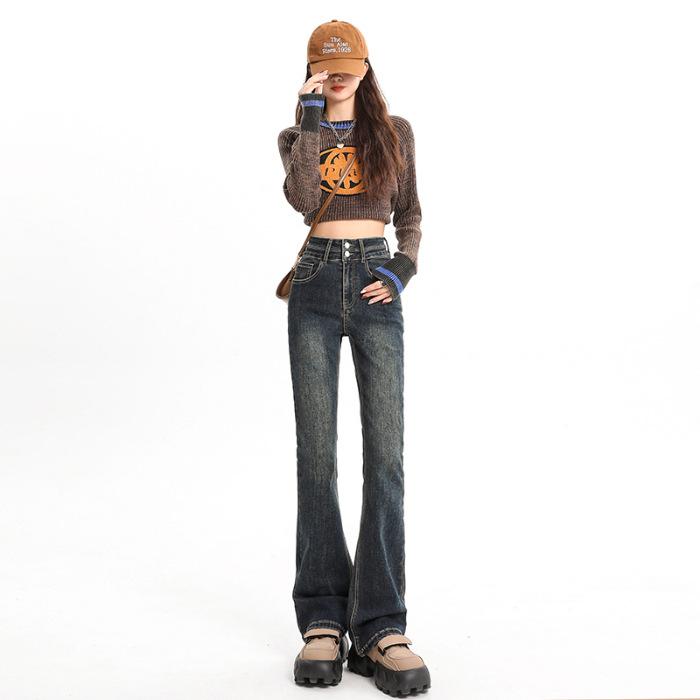 Женские весенние новые зауженные эластичные брюки клеш с высокой посадкой, цвет античный синий, двойная пряжка