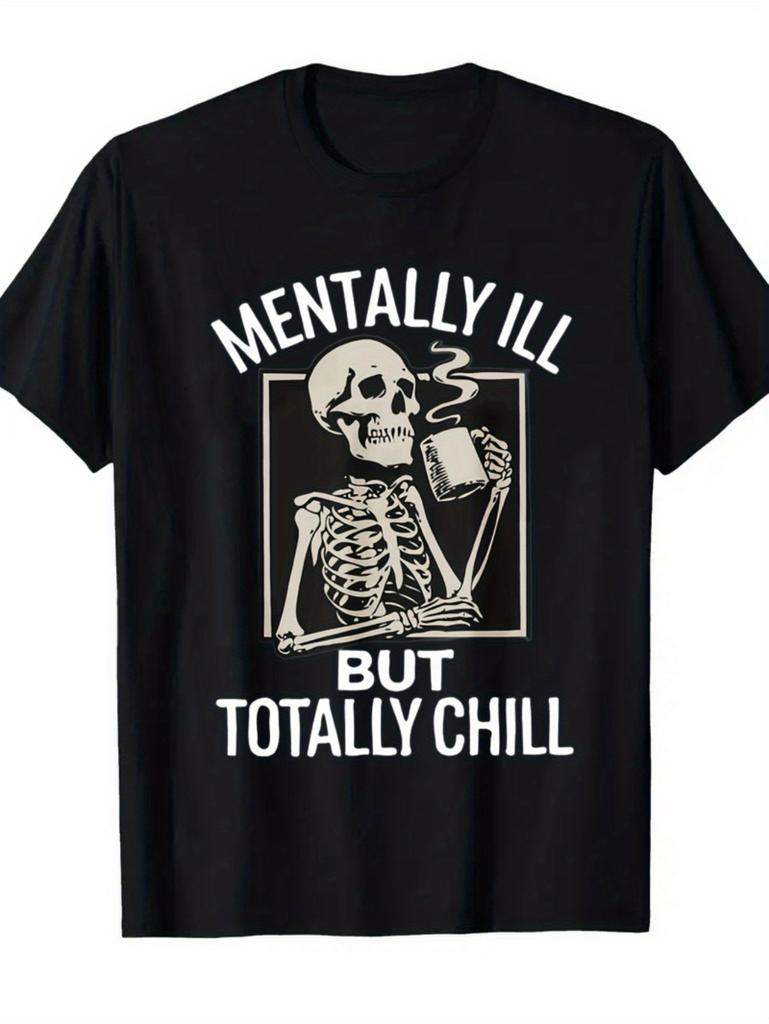 Mens Fun Mental Patient But Super Flat Skull and Coffee Cup Pattern Tshirt 180g Heavy Weight Fabric Casual Style Round Neck