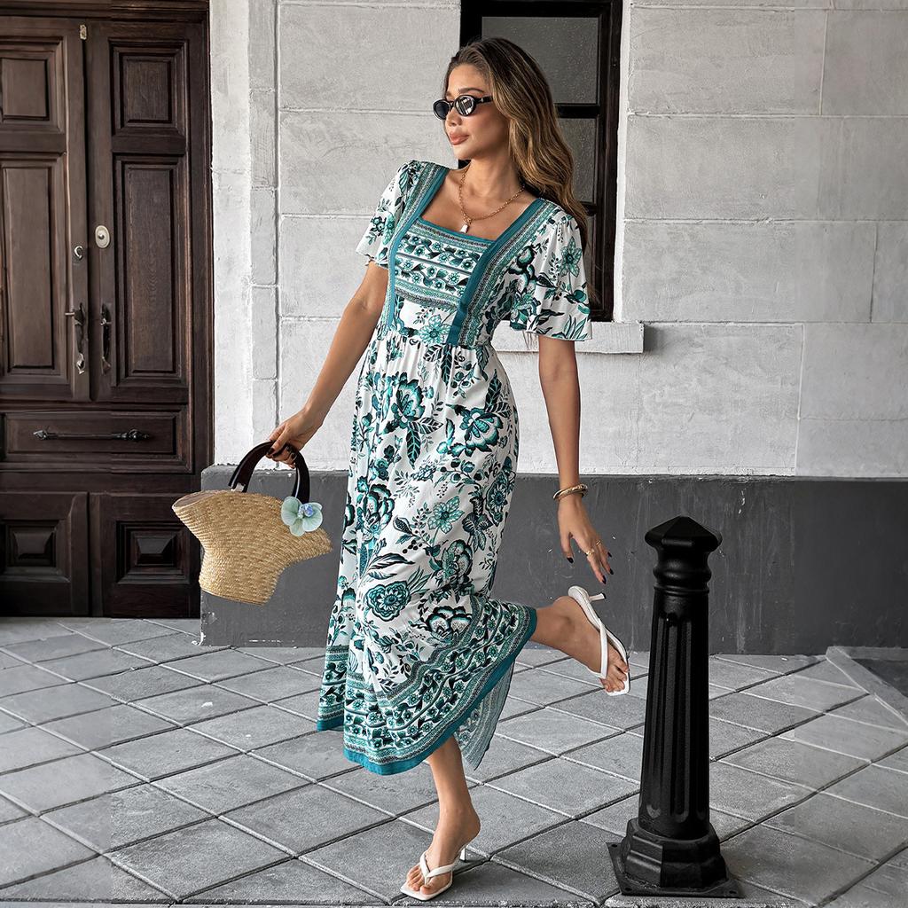 Элегантное длинное платье с принтом в отпускном стиле с короткими рукавами для женской весны и лета