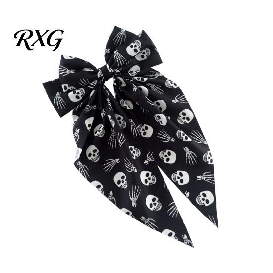 Halloween Bow Hairpin Spring Hair Clips for Women, Pumpkin Skeleton Ghost Hand Printed Clip Fabric Barrettes, Cute Horror Accessories Holiday