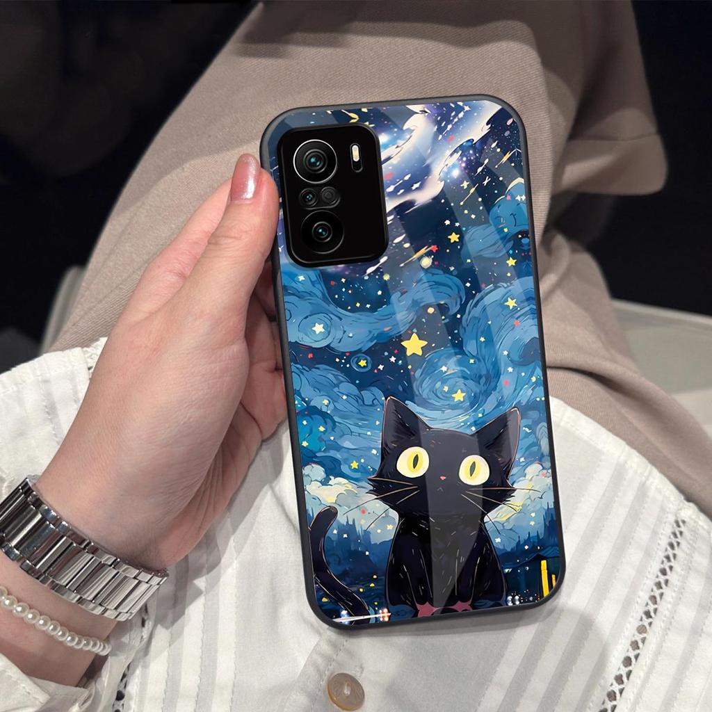 Чехол для Xiaomi POCO F3 Аниме Черный Кот Звездное Облако Печать Чехол для Телефона Акриловая Жесткая Задняя Панель С Гибким TPU Краем
