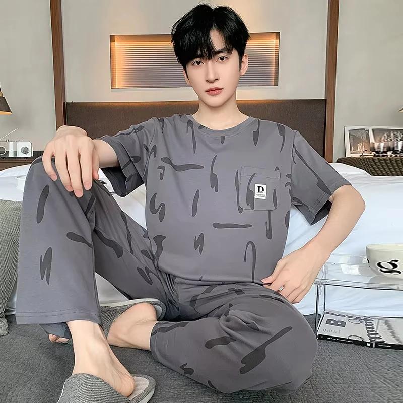 Summer Soft Cotton Pajamas Set for Men Fashion O-neck Pyjamas Short Sleeved Plaid Pants Home Suit
