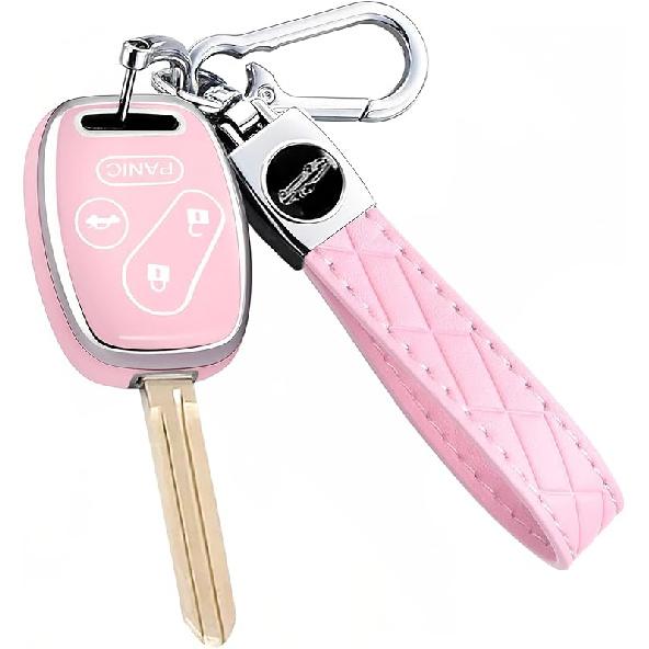 Key Fob Cover For Honda With Leather Keychain, Premium TPU Key Case Compatible With 2003-2015 Honda Accord Crosstour Civic EX CR-V Pilot Element